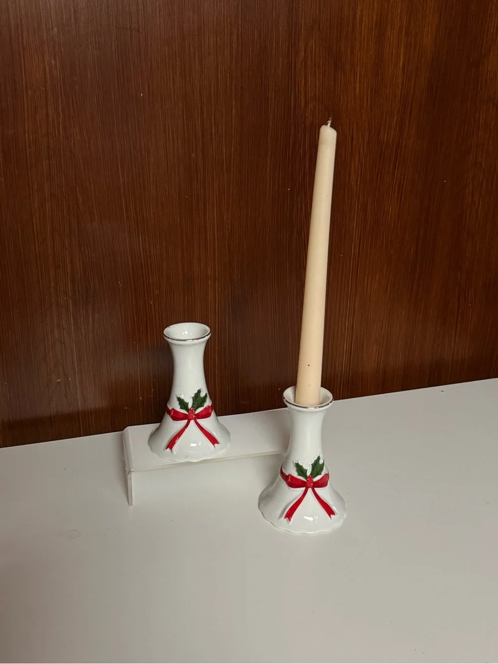 Vintage White Pottery Holiday Ribbon Candle Holder set